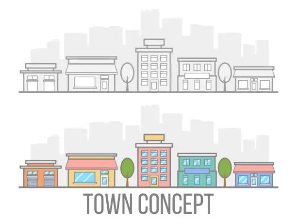 Vector illustration of Town concept set. Street with hotel, garage, boutique and cafe. Linear design. Small city in flat style isolated on white background. Vector illustration