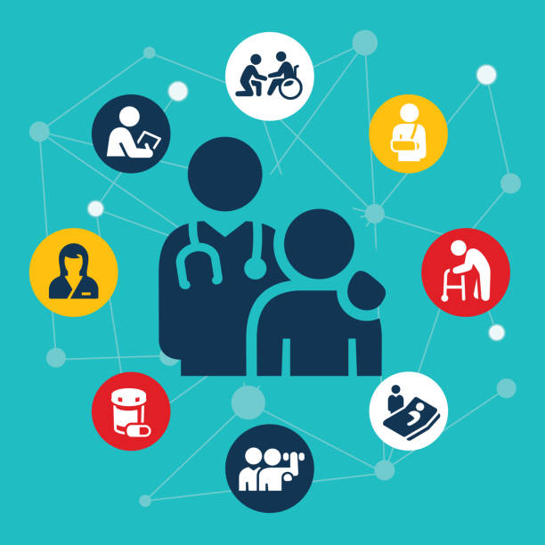 Healthcare And Medicine Illustration An illustration of a doctor and patient. They are surrounded by healthcare related icons. The icons include a nurse, doctor, checkup, patient in wheelchair, injury, man and walker, rehabilitation, pill bottle and doctor at patients bedside. medical infographics stock illustrations