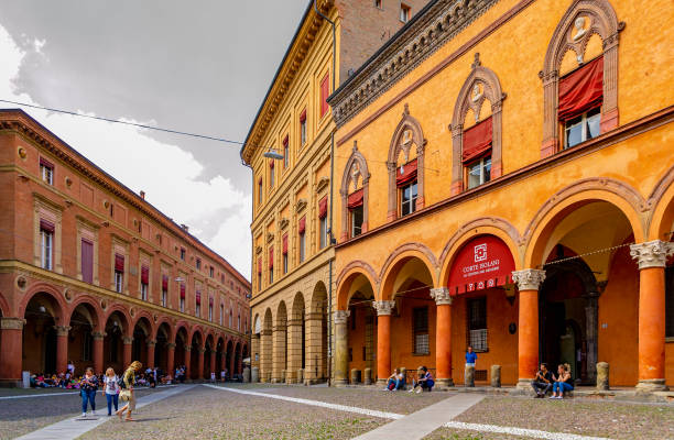 Arcades in Piazza Santo Stefano in Bologna (Italy). stock photo