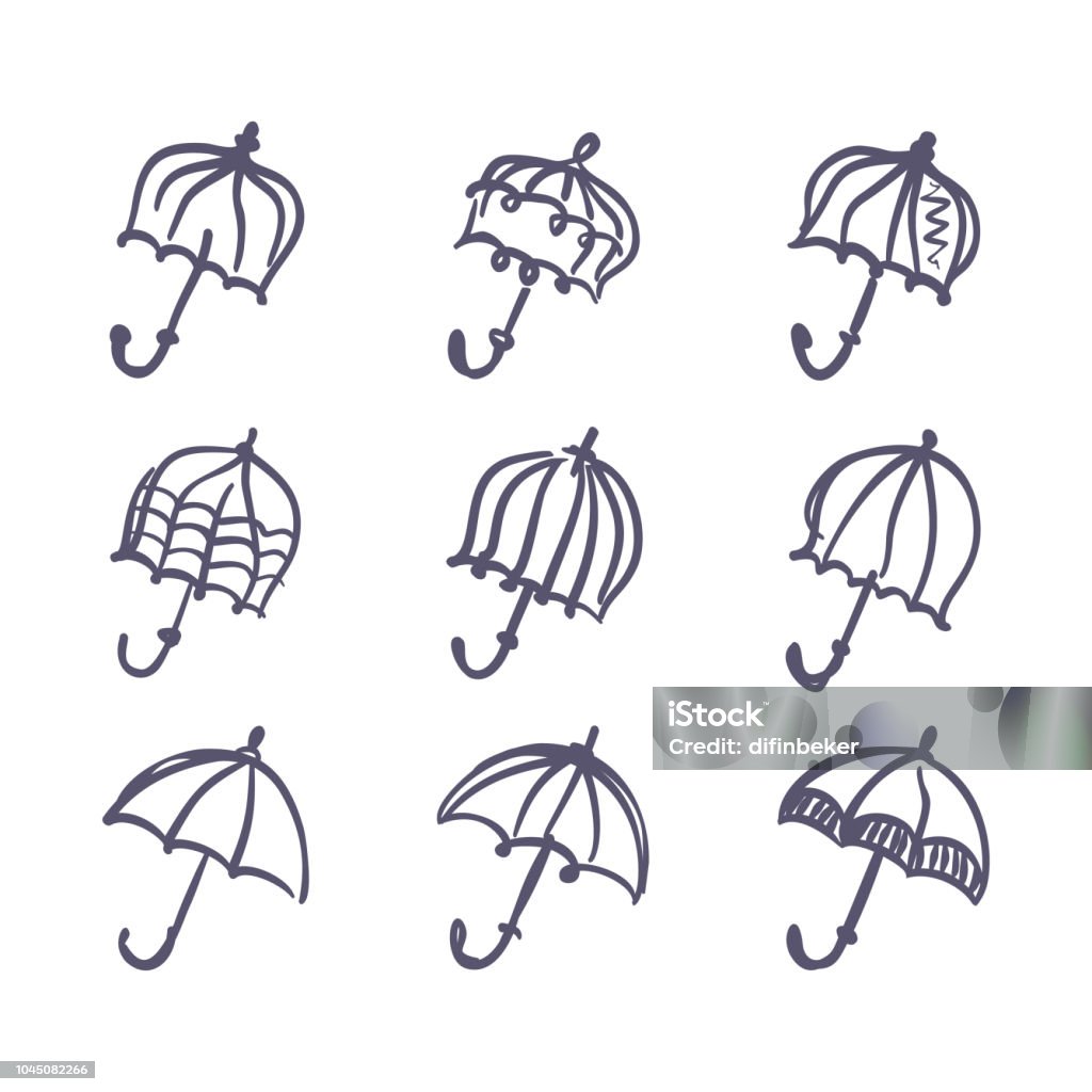 Set of umbrellas drawn marker imitation. Romantic gray umbrella vector  pattern. Art stock vector