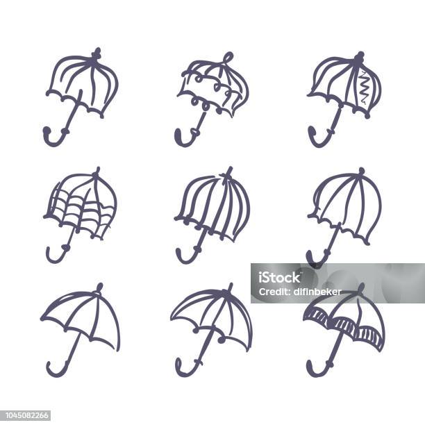 Set Of Umbrellas Drawn Marker Imitation Romantic Gray Umbrella Vector Pattern Stock Illustration - Download Image Now