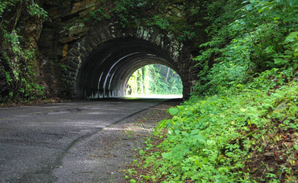Winding Mountain Road With Tunnel In Great Smoky Mountains National Park Winding mountain road with tunnel through the Great Smoky Mountains National Park in Gatlinburg Tennesssee. newfound gap stock pictures, royalty-free photos & images