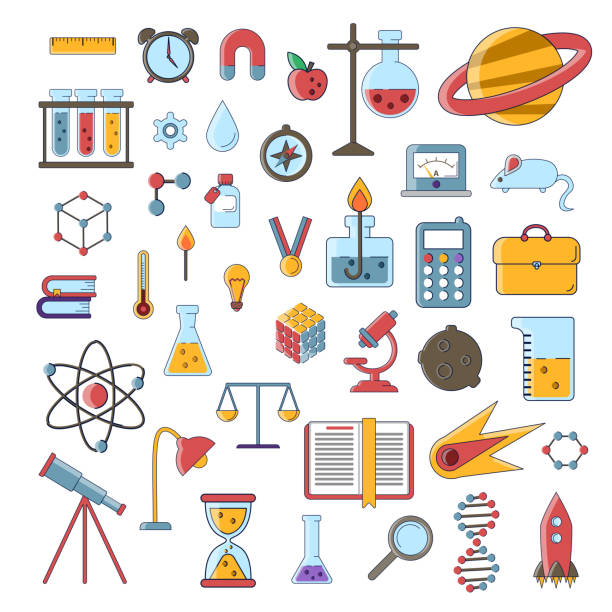 ilustraciones, imágenes clip art, dibujos animados e iconos de stock de conjunto de iconos plano vector científico, educación signos y símbolos en el diseño de la ciencia moderna color con elementos de conceptos móviles y aplicaciones web. colección de iconos lindos de educación y ciencia - dna science child education