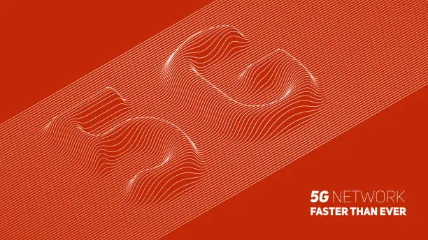 Vector illustration of Vector abstract 5G new wireless internet connection background. Global network high speed network. Abstract 5G symbol with volumetric embossed curly lines on a red background.