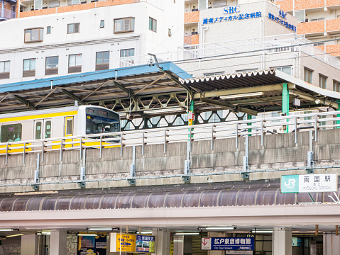 Tokyo, Japan. September 9, 2018. Train on a bridge in Ryogoku, near the sumo stadium