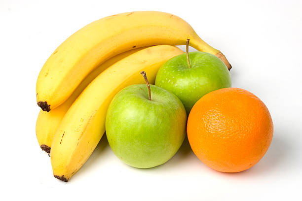 banane, mele e arance - gourmet fruit orange isolated on white foto e immagini stock