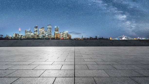 istock empty pavement front of sydney cityscape 1045128092