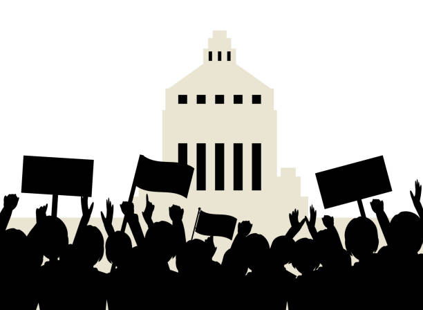 silhouette abbildung menschenmenge protest mit flaggen - applauding human hand silhouette audience stock-grafiken, -clipart, -cartoons und -symbole