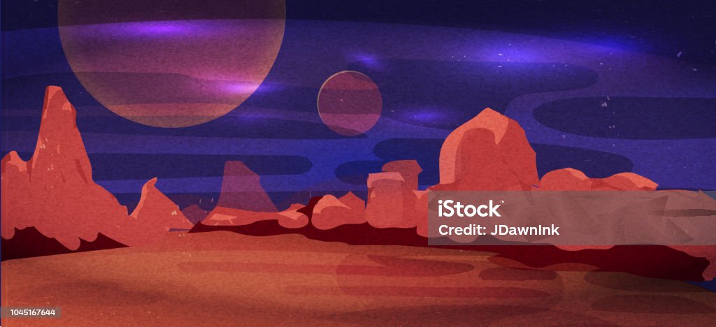 Outer space background with planets and rocky red terrain landscape Vector illustration of a Outer space background with planets. Landscape - Scenery stock vector