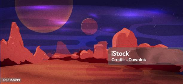 Outer Space Background With Planets And Rocky Red Terrain Landscape Stock Illustration - Download Image Now