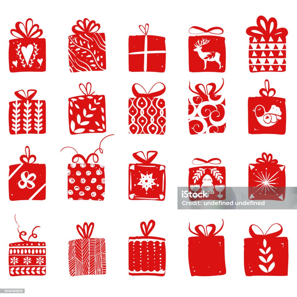 Scatole regalo semplici rosse per le celebrazioni natalizie stile nordico scandinavo. Natale, regali di Capodanno. Collezione di scatole con semplice decorazione disegnata a mano - arte vettoriale royalty-free di Regalo di Natale
