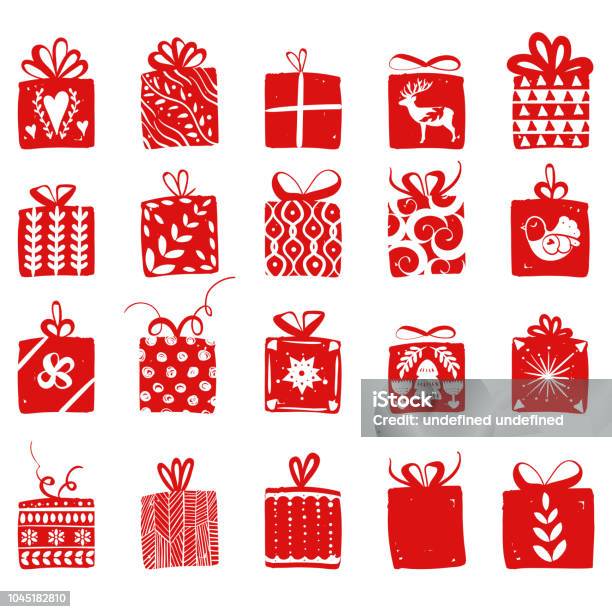 Red Simple Gift Boxes For Holiday Celebrations Scandinavian Nordic Style Christmas New Year Presents Collection Of Boxes With Simple Decoration Hand Drawn Stock Illustration - Download Image Now