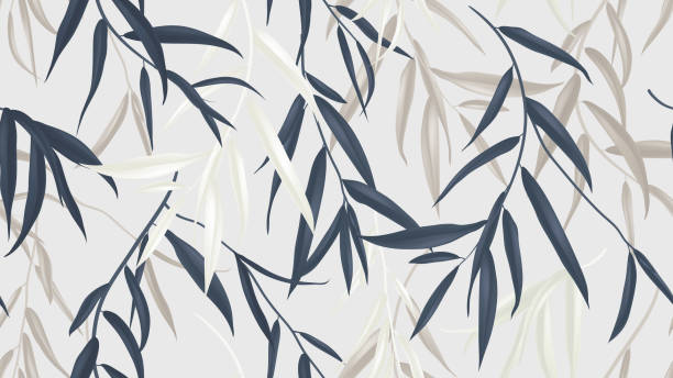 ilustrações, clipart, desenhos animados e ícones de padrão sem emenda floral, folhas de salgueiro weeping multicoloridas na luz cinza fundo - weeping willow