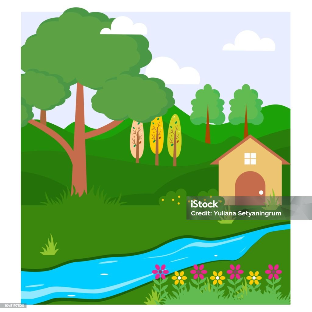 Ilustración de Paisaje De Dibujos Animados Lindo Y Cool De Casita En El  Bosque Verde Y El Río y más Vectores Libres de Derechos de Agricultura -  iStock