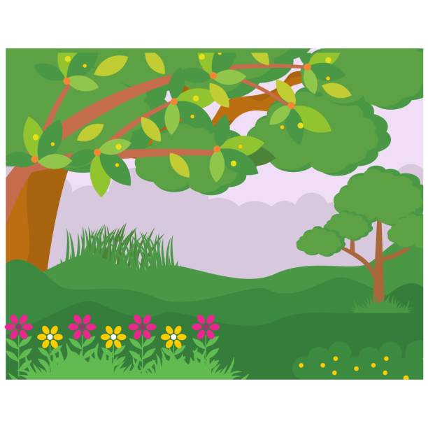 istock cute and coolest cartoon scenery of natural green forest with flower 1045201026
