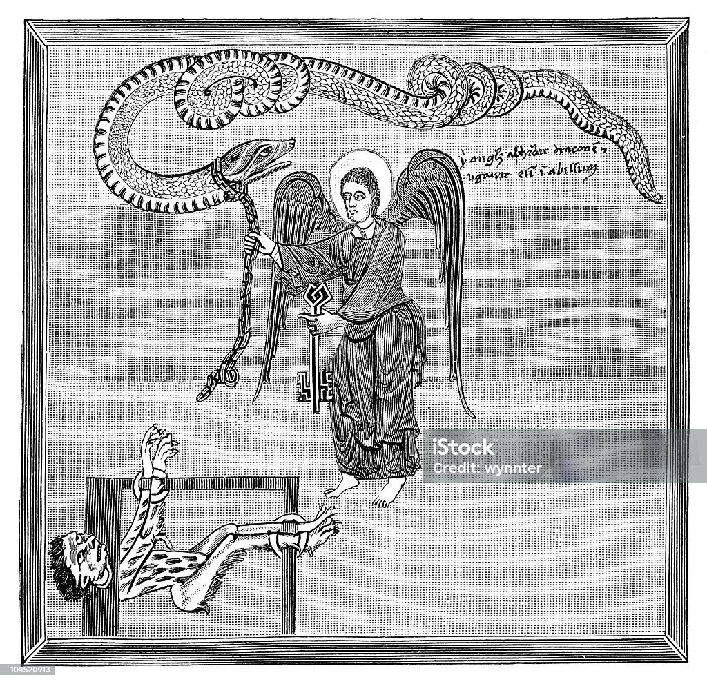 Angel tem as chaves para o inferno e Enchains o diabo - Ilustração de Gravura royalty-free