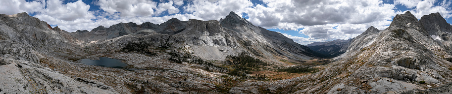 Very wide panorama from Kaweah Gap in the High Sierra Nevada