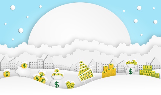 abstract money concept in city landscape, vector, winter season, illustration, paper art style, copy space for text
