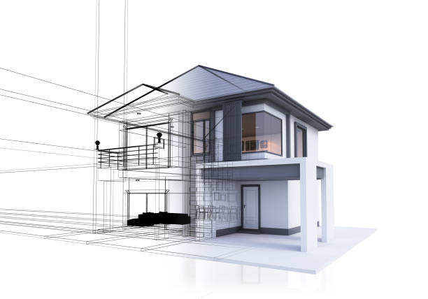 casa disegno di schizzo tridimensionale - vehicle interior construction blueprint plan foto e immagini stock