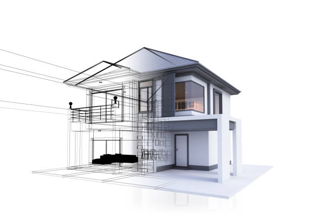 casa disegno di schizzo tridimensionale - vehicle interior construction blueprint plan foto e immagini stock