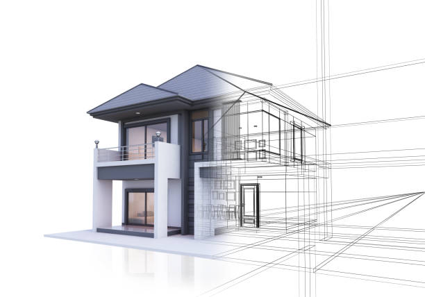 casa disegno di schizzo tridimensionale - vehicle interior construction blueprint plan foto e immagini stock