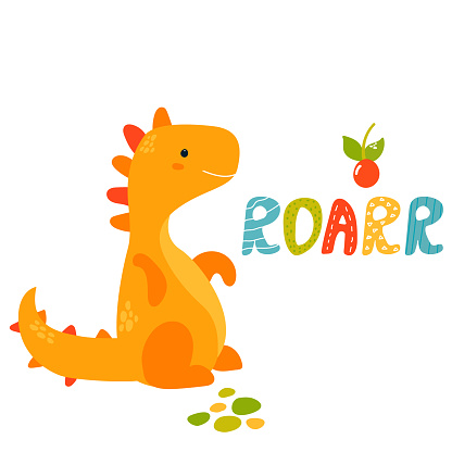 Cute hand drawn trex dino. Roarr greeting card. Suitable also for prints.