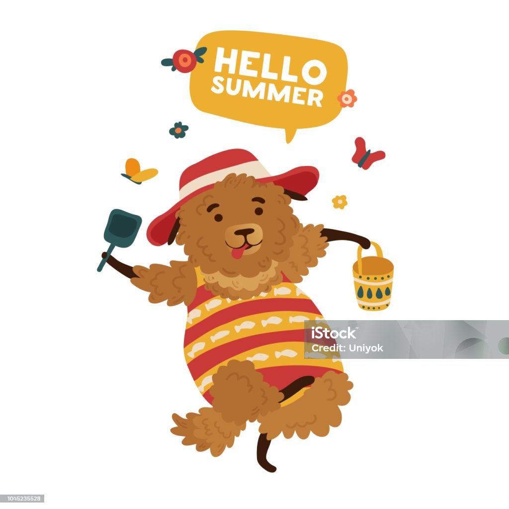 Print The Lovely Cartoon Dog In A Swimsuit For The Summer Season The Poster  Design Is Hello Summer With A Cheerful Danced Doggy Template For A Cute  Summer Card With A Fluffy