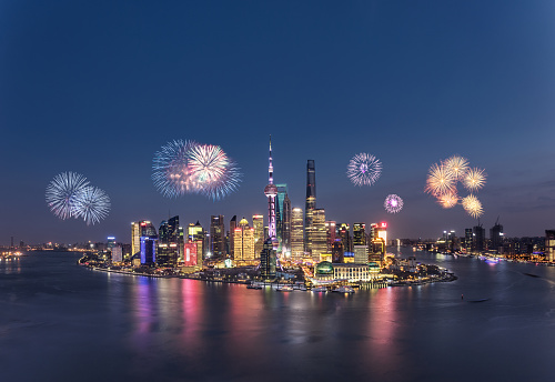 Fireworks in Shanghai with Shanghai cityscape