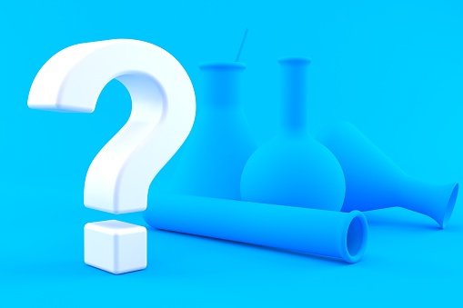Chemistry background with question mark in blue color. 3d illustration