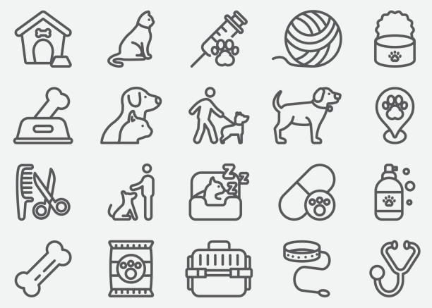 ilustraciones, imágenes clip art, dibujos animados e iconos de stock de pet y los iconos de la línea animal - clínica veterinaria