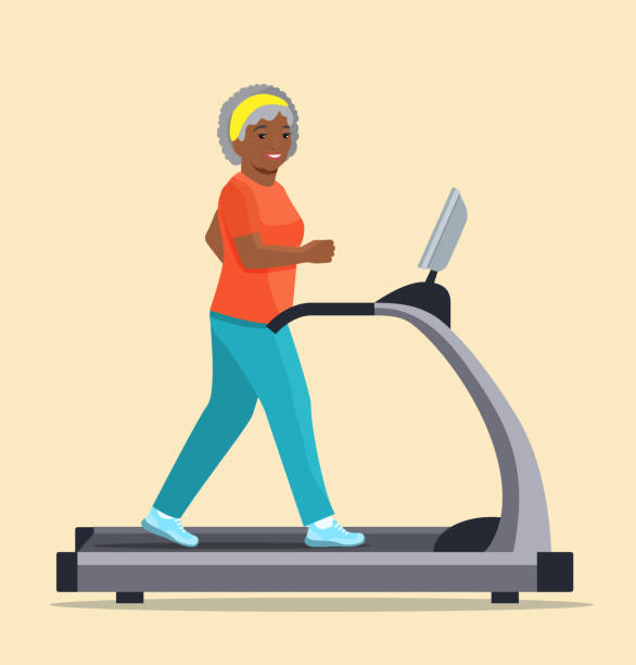 Print Elderly afro american woman running on treadmill isolated. Vector flat style illustration treadmill stock illustrations