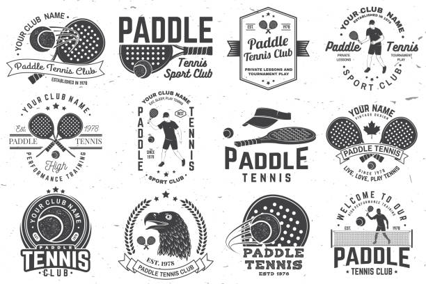ilustraciones, imágenes clip art, dibujos animados e iconos de stock de juego de paddle tenis insignia, emblema o signo. ilustración de vector. concepto de camiseta, impresión, sello o tee. - tennis silhouette vector ball