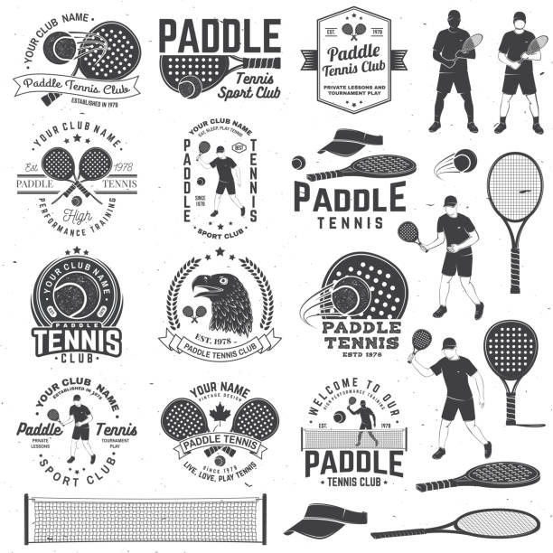 ilustrações, clipart, desenhos animados e ícones de conjunto de distintivo de raquete de tênis, emblema ou sinal. ilustração em vetor. conceito de camisa, impressão, carimbo ou t. - tennis court sport net