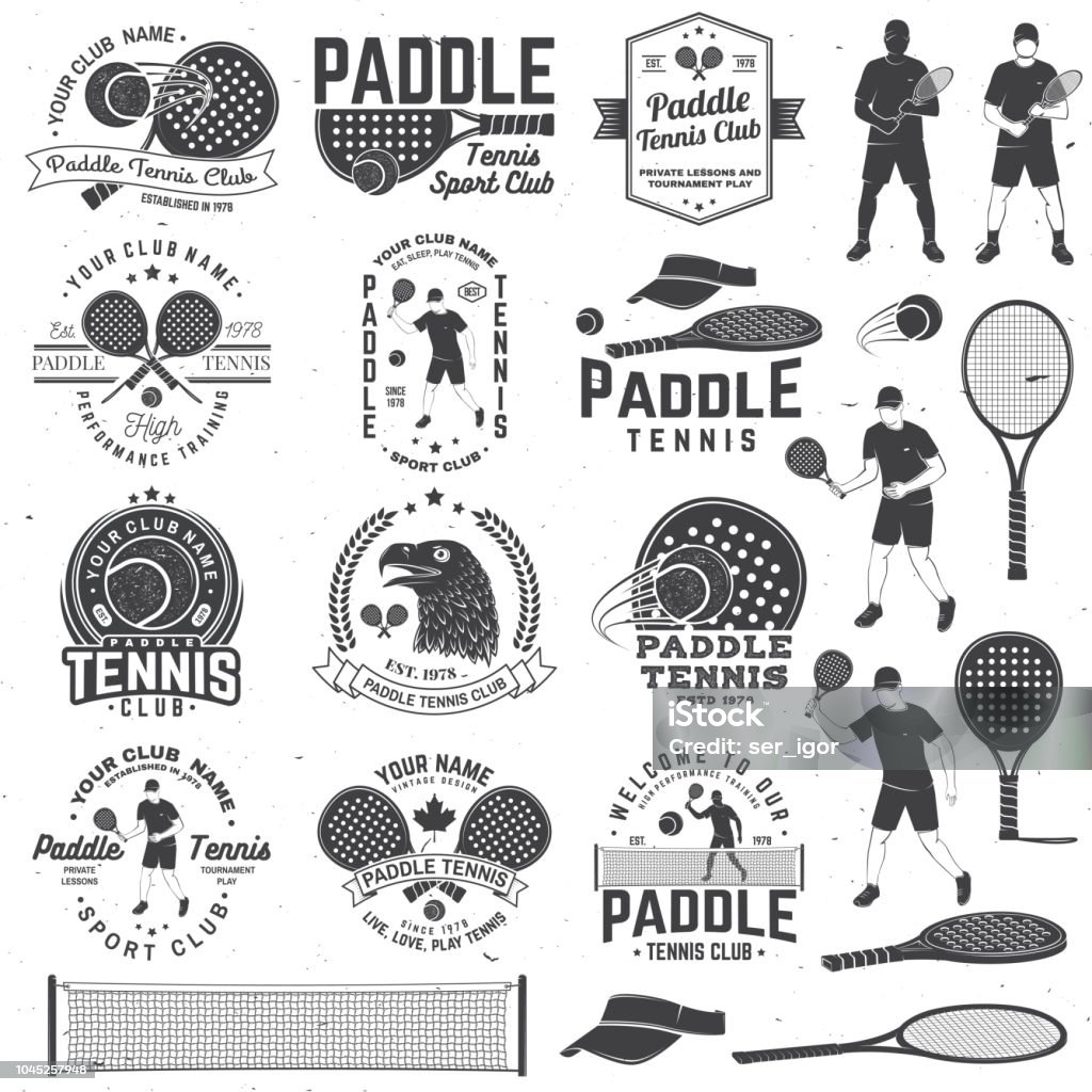 Set of Paddle tennis badge, emblem or sign. Vector illustration. Concept for shirt, print, stamp or tee. Set of Paddle tennis badge, emblem or sign with design element. Vector. Concept for shirt, print, stamp or tee. Vintage typography design with paddle tennis racket, visor and paddle ball silhouette. Padel stock vector