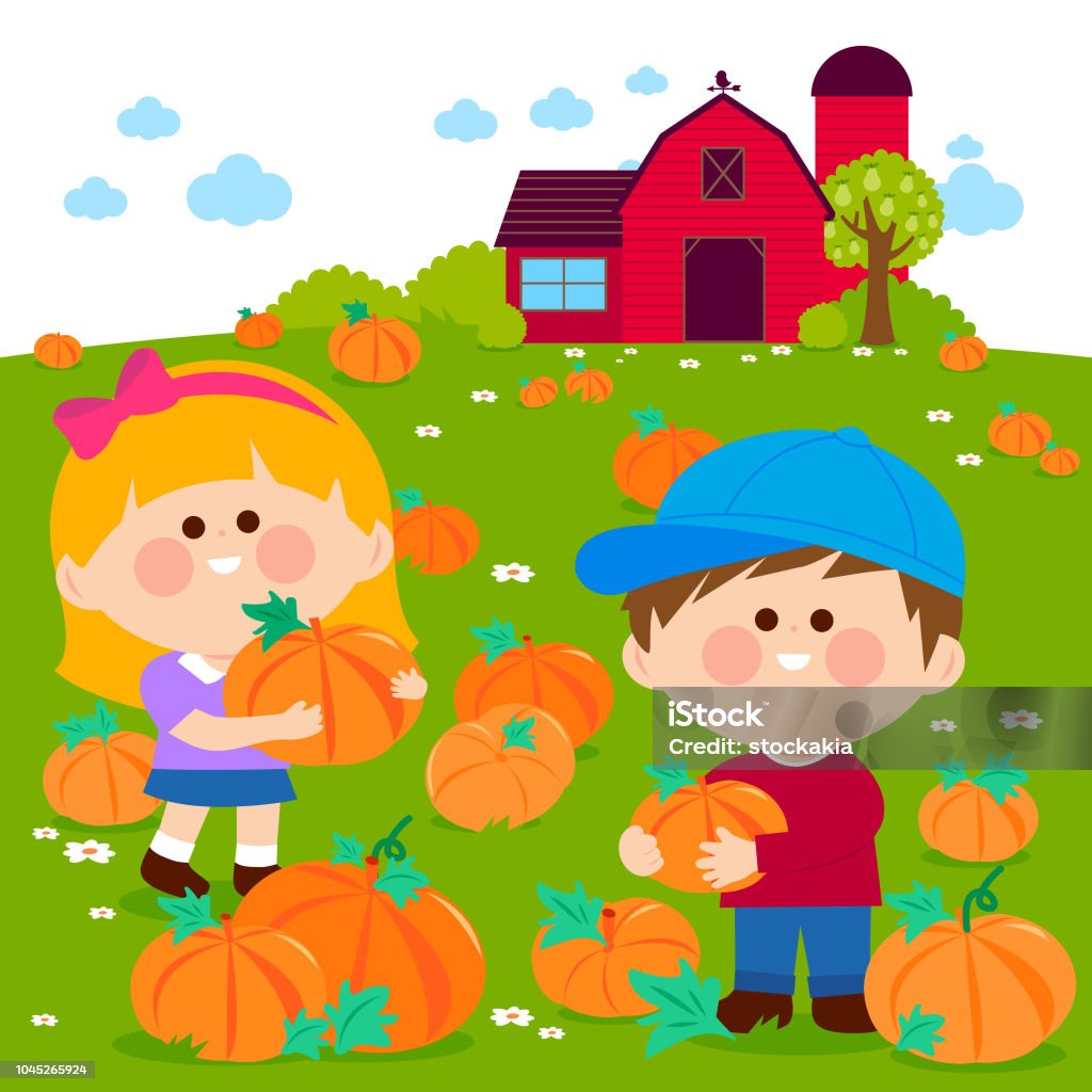 Children at the pumpkin field and farmhouse. Children at the farm picking pumpkins at the pumpkin patch. Vector illustration Pumpkin Patch stock vector