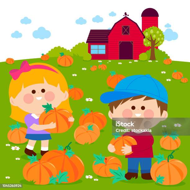 Children At The Pumpkin Field And Farmhouse Stock Illustration - Download Image Now - Pumpkin Patch, Agricultural Field, Agriculture