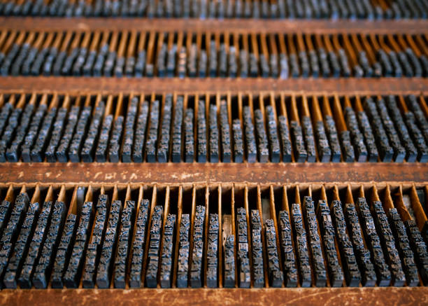 Eguipment of Typography workshop. A many old Metallic Letters for Printing.