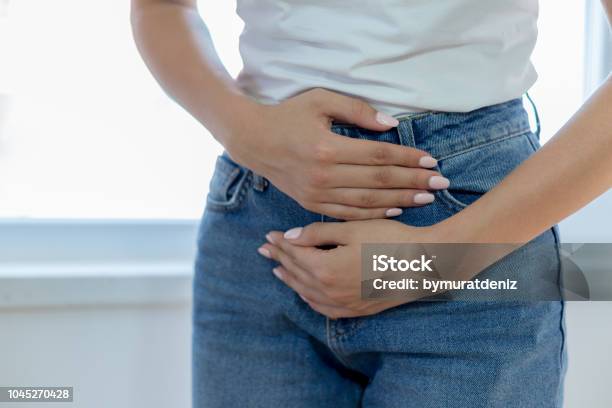 Woman With Menstrual Pain Stock Photo - Download Image Now - Women, Intestine, One Woman Only