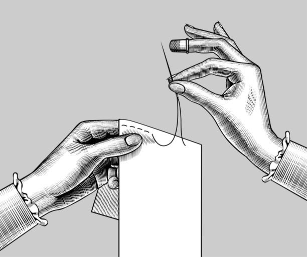 Female Hands Sewing With The Needle A Piece Of Cloth Stock Illustration -  Download Image Now - iStock