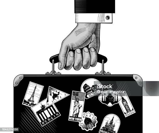 Hand Carry A Luggage With Landmarks Travel Labels Stock Illustration - Download Image Now - Suitcase, Hand, Briefcase