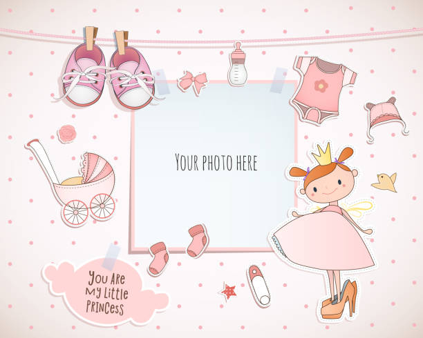ilustraciones, imágenes clip art, dibujos animados e iconos de stock de tarjeta de ducha de bebé niña. pequeña princesa. tarjeta de llegada con el lugar para su foto. - niñas bebés