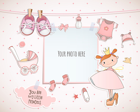 Baby girl shower card. Little princess. Arrival card with place for your photo.