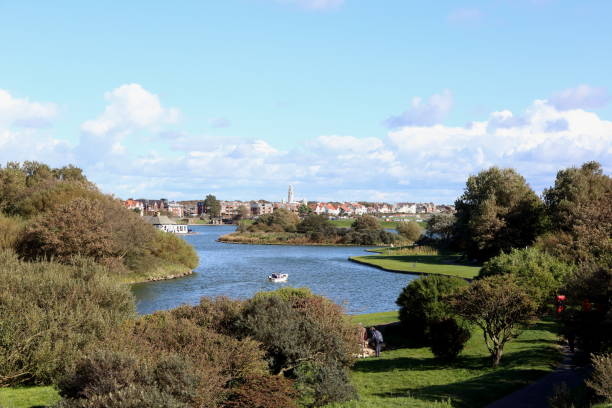 Fairhaven Lake, Lytham. View across the popular boating lake to the White Church in the distance. lytham st. annes stock pictures, royalty-free photos & images