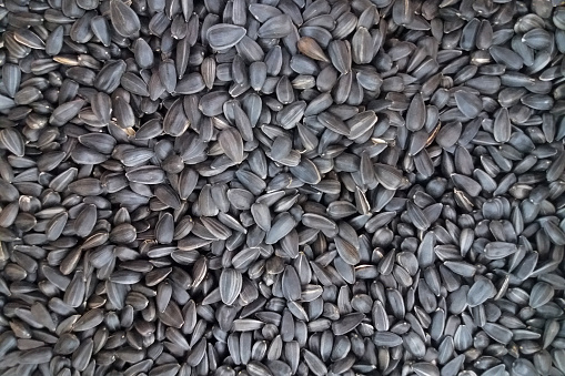 Close-up stack of sunflower seeds on a market stall.