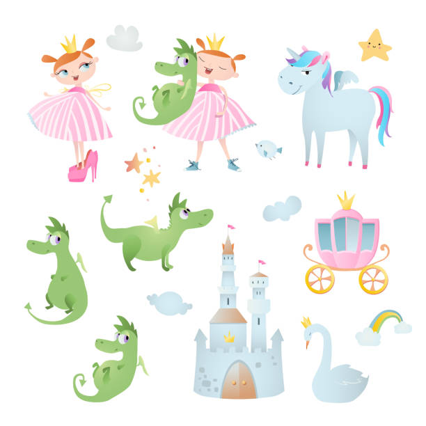 ilustrações de stock, clip art, desenhos animados e ícones de princesss adventure. set of vector elements, which contains: unicorn, dragon, swan,  brougham, and castle. - swan princess cartoon crown
