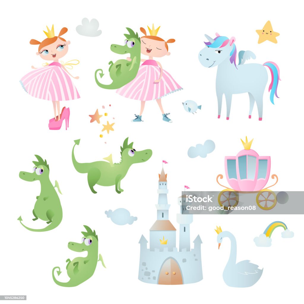 Princesss adventure. Set of vector elements, which contains: unicorn, dragon, swan,  brougham, and castle. Baby - Human Age stock vector