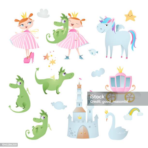 Princesss Adventure Set Of Vector Elements Which Contains Unicorn Dragon Swan Brougham And Castle Stock Illustration - Download Image Now