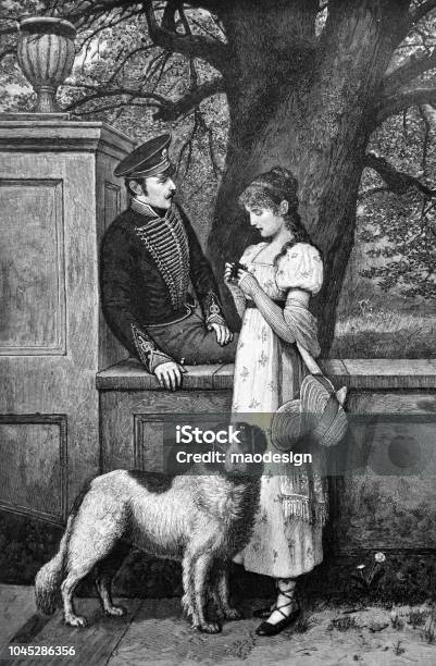 Girl With A Dog Has A Date With An Army Officer 1895 Stock Illustration - Download Image Now