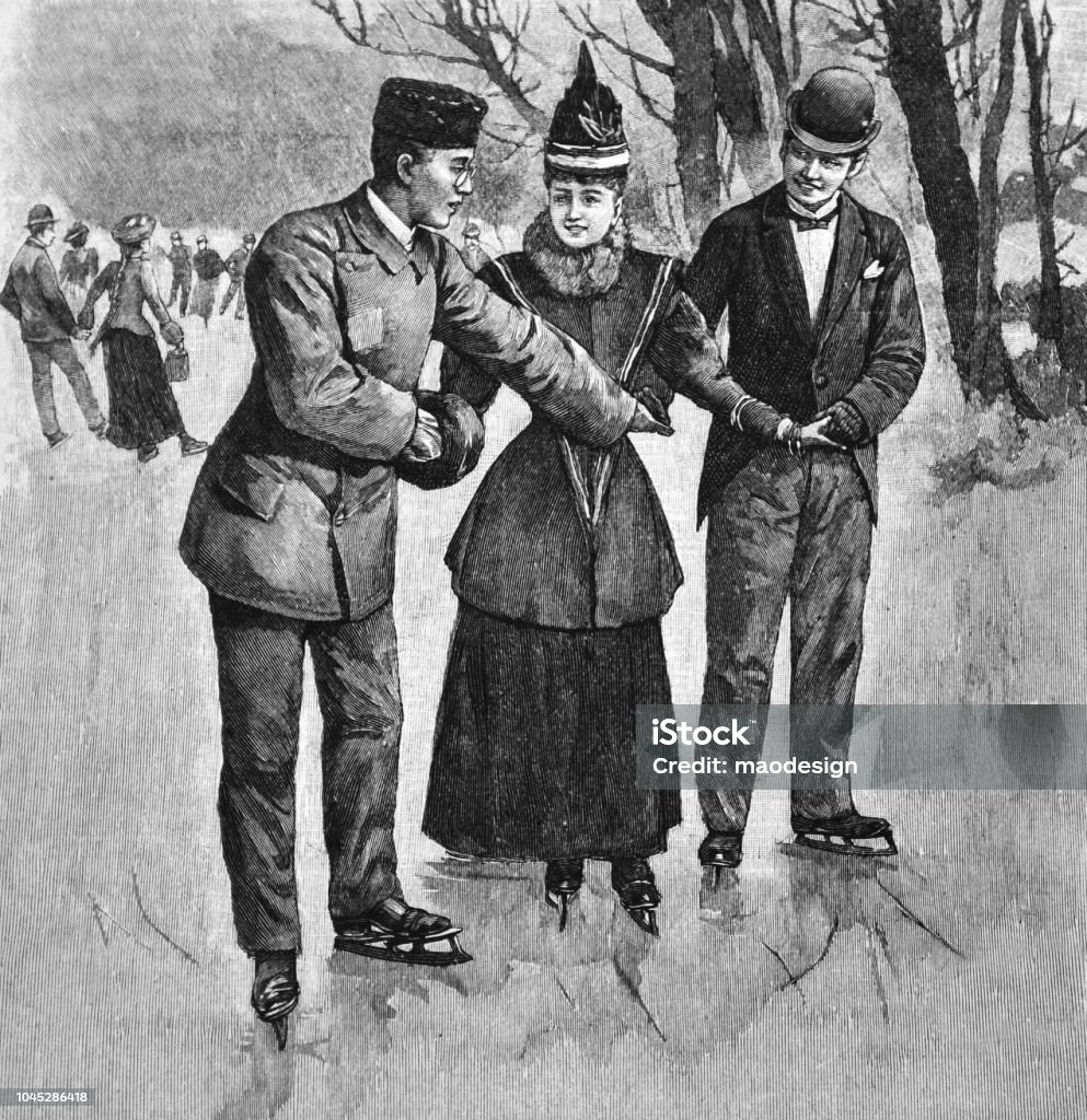 Ice-skating fun - 1895 1895 stock illustration