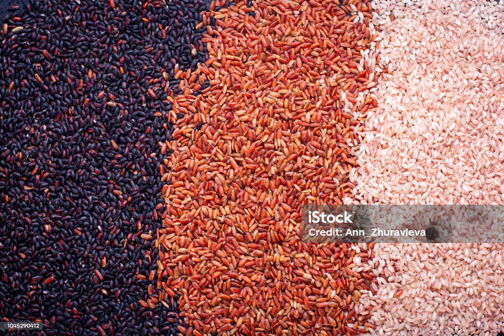 Different types of white rice bowls, top view Agriculture Stock Photo